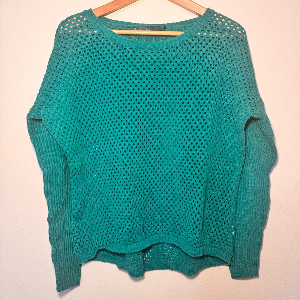 Prana Teal Open Knit Sweater Organic Cotton Lightweight Boho Size Large